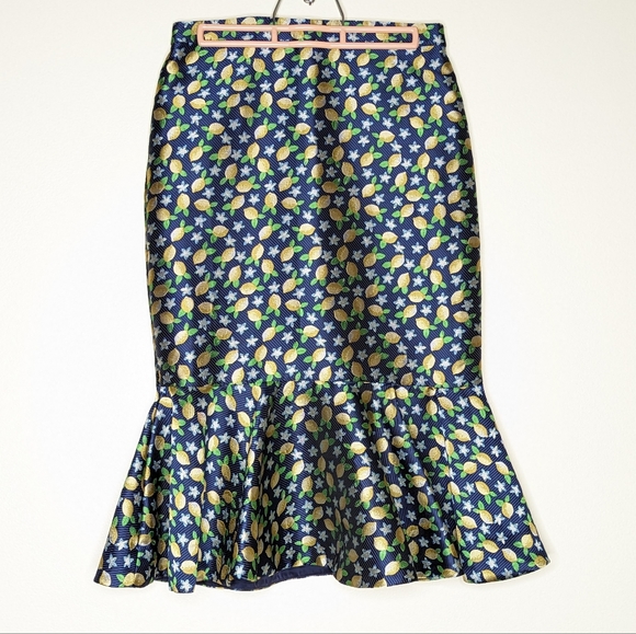 J crew lemon print trumpet skirt blue yellow fitted size XS 0 - Picture 2 of 7